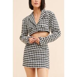 For Love & Lemons Women's Houndstooth Cropped Black White Tweed Bonnie Blazer S